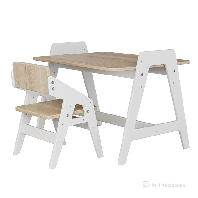 Kids Table and Chair Set with Light Wooden Top White Frame Modern Design for Children 3d model 