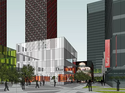 Modern Glass Facade Office Building In Urban Commercial District With Pedestrians And Shops 3d model