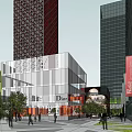Modern Glass Facade Office Building In Urban Commercial District With Pedestrians And Shops