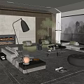 Elegant Modern Living Room Interior With Sofa Armchairs Floor Lamp Fireplace And Scenic Window View