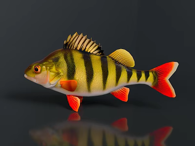 Vibrant Perch Fish With Yellow Black Stripes And Red Fins Tail On Dark Background 3d model