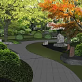 Park Landscape Featuring Winding Stone Pathways Lush Trees And Green Lawns
