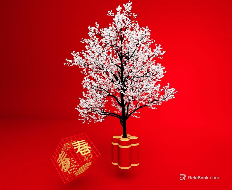 Red Background Decorative Commercial Equipment With White Flower Tree And Spring Boxes 3d model