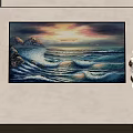 Vibrant Seascape Painting With Waves Rocks Sunset Near Decorative Floor Lamp And Window