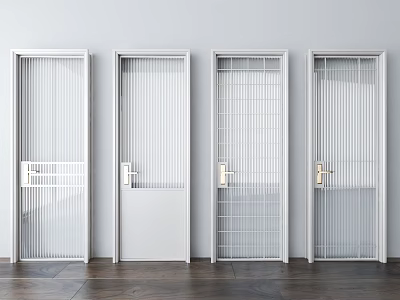 Four White Doors With Different Glass Panel Designs On Wooden Floor And White Wall 3d model
