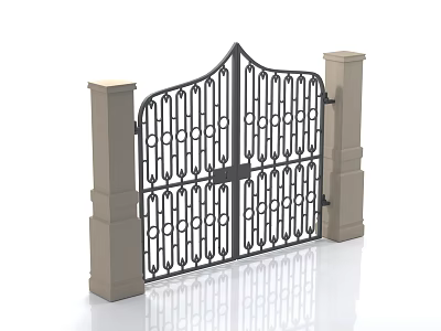 Elegant Wrought Iron Gate With Ornate Patterns And Stone Pillars Design 3d model