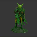 Armored Warrior With Yellow Creature Ears Holding Weapon On Stone Base