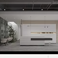 Modern Stylish Office Reception Area With Marble Counter Open Workspace And Elegant Fresh Green Plants