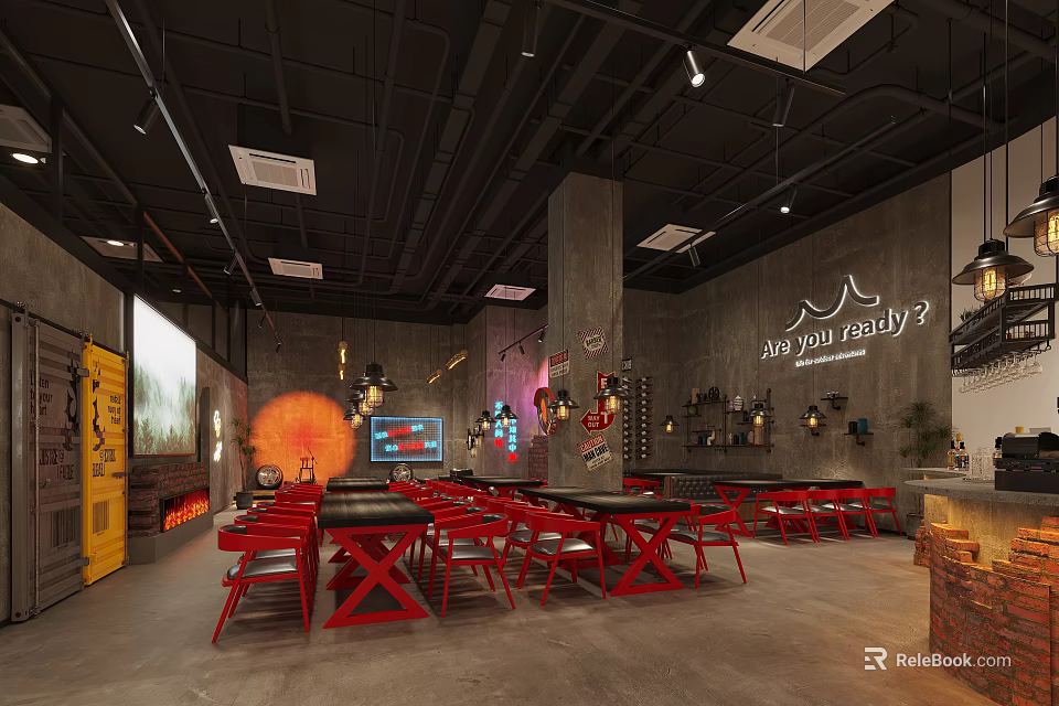 Industrial Bar Interior Design With Red Tables Chairs Black Ceiling Wall Sign And Projection Screen 3d model 