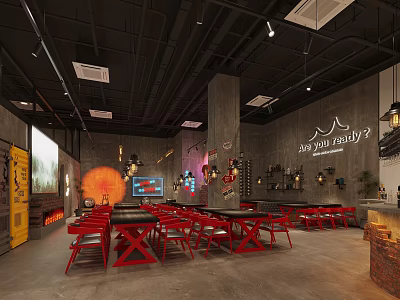 Industrial Bar Interior Design With Red Tables Chairs Black Ceiling Wall Sign And Projection Screen 3d model