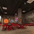 Industrial Bar Interior Design With Red Tables Chairs Black Ceiling Wall Sign And Projection Screen