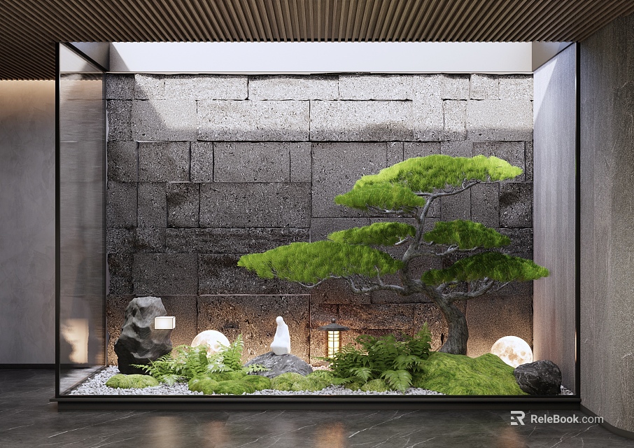 Indoor Landscape with Gray Stone Wall Green Pine Tree and Round Lights 3d model 