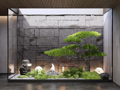Indoor Landscape with Gray Stone Wall Green Pine Tree and Round Lights 3d model