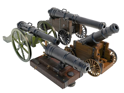 Vintage Weapon Cannons Featuring Wooden Carriages Various Wheel Designs And Metal Barrels 3d model