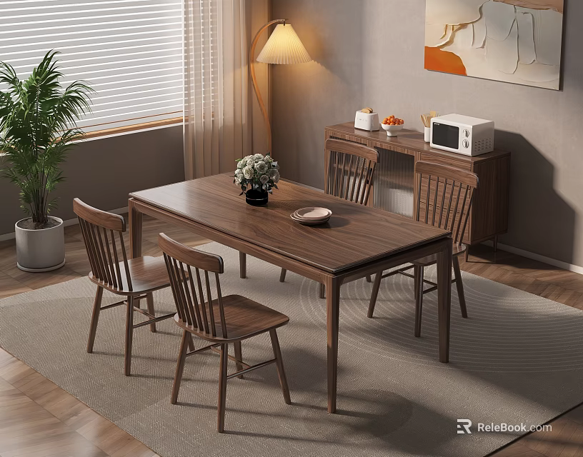 Wooden Dining Table Set With Four Chairs Sideboard Cabinet And Decorative Elements In Cozy Interior 3d model 