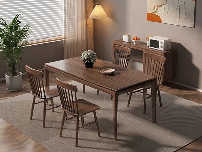 Wooden Dining Table Set With Four Chairs Sideboard Cabinet And Decorative Elements In Cozy Interior 3d model
