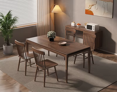 Wooden Dining Table Set With Four Chairs Sideboard Cabinet And Decorative Elements In Cozy Interior 3d model