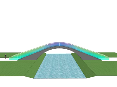 Arched Landscape Bridge With Colorful Lighting Over Water Channel And Green Lawns 3d model