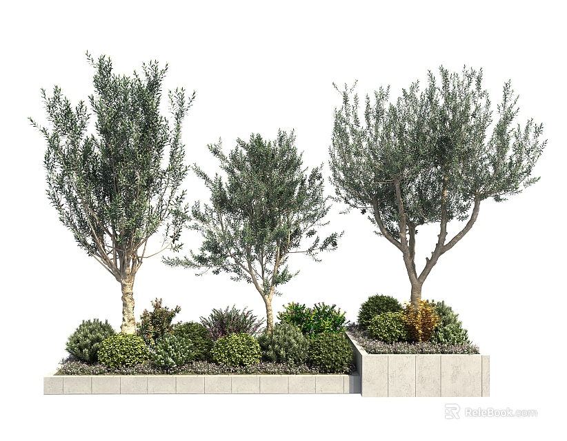 Modern Outdoor Tree Planter With Concrete Structure Green Shrubs And Trees 3d model 