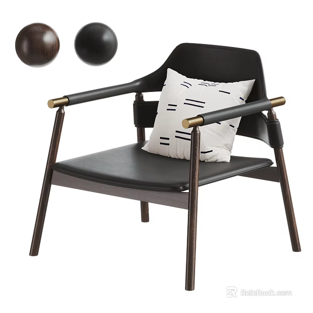 Modern Black Leather Accent Chair With Wooden Frame Gold Metal Accents And White Striped Cushion 3d model 