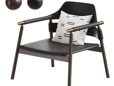 Modern Black Leather Accent Chair With Wooden Frame Gold Metal Accents And White Striped Cushion 3d model