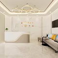 Hospital Outpatient Clinic Modern Lobby Featuring Reception Desk Circular Chandeliers Sofa Area and Marble Floor