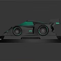 Futuristic Gray Race Car With Teal Accents And Neon Lights On Display Stand