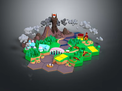 Miniature Landscape Home Decoration With Volcano Buildings Trees River And Smoke Details 3d model