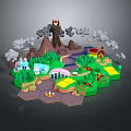 Miniature Landscape Home Decoration With Volcano Buildings Trees River And Smoke Details