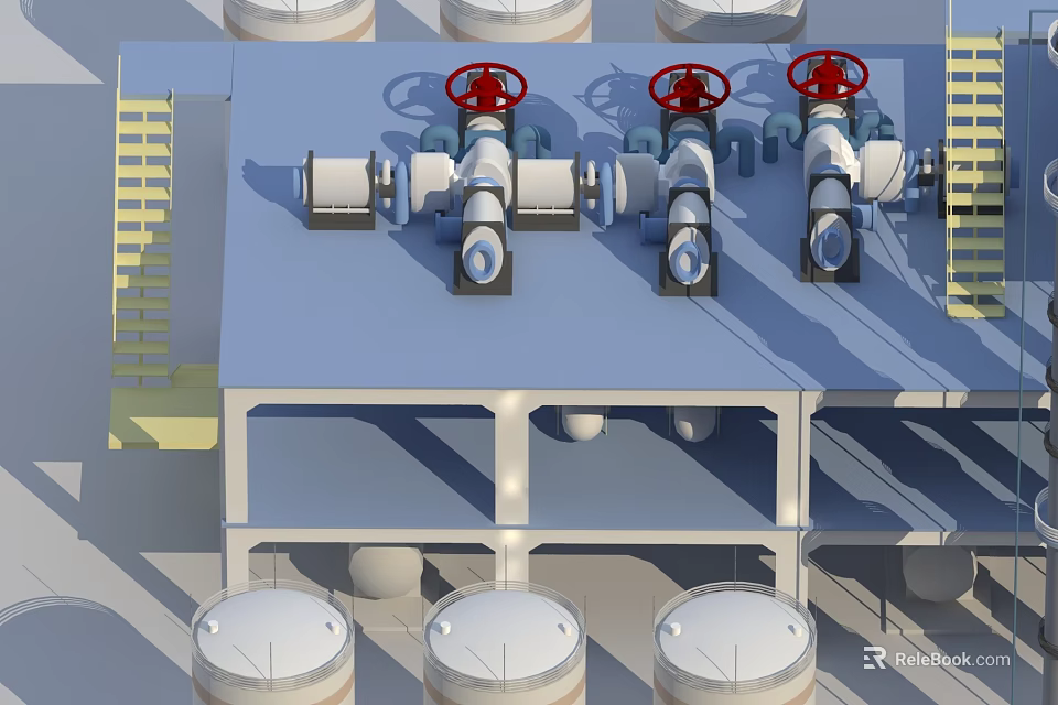 Industrial Equipment Setup With Red Valves Pipelines Platform And Storage Tanks 3d model 
