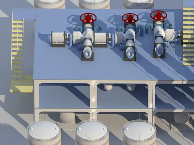 Industrial Equipment Setup With Red Valves Pipelines Platform And Storage Tanks 3d model