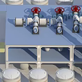 Industrial Equipment Setup With Red Valves Pipelines Platform And Storage Tanks