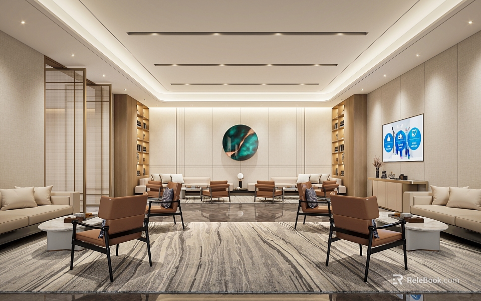 Hotel Public Lounge Modern Design With Comfortable Seating Bookshelves Circular Art And Area Rug 3d model 
