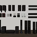 Various Types of Headphones and Speakers with Modern Design Displayed on Wall and Wooden Floor