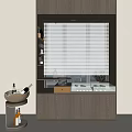 Modern Wooden Sideboard with Open Shelves Wine Bowl Bottles and Window Blinds