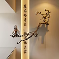 Chinese Style Wall Decor With Tree Branch Calligraphy Characters Small Animal Figurines And Warm Lighting