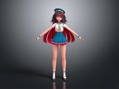 Anime School Girl Character With Blue Sailor Hat Red Cape And Pleated Skirt 3d model