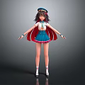 Anime School Girl Character With Blue Sailor Hat Red Cape And Pleated Skirt