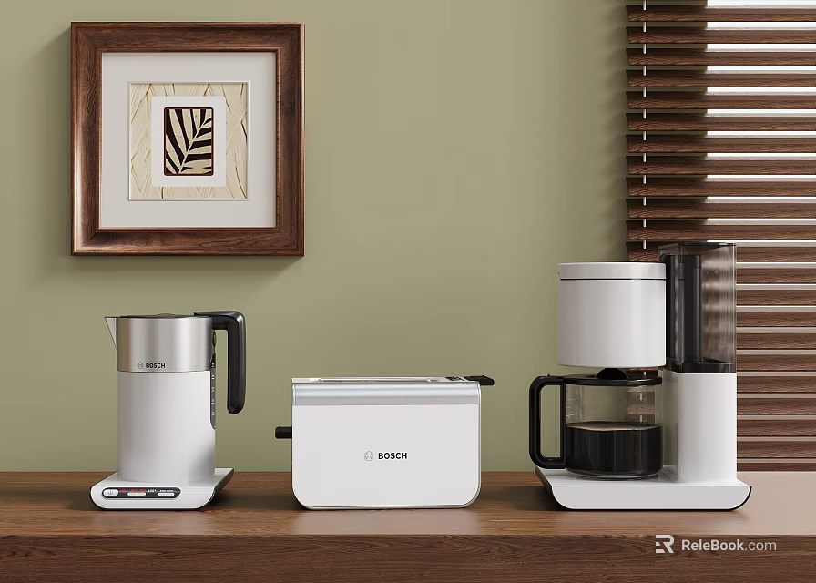 White Kitchen Appliances Electric Kettle Toaster Coffee Maker On Wooden Countertop With Green Wall 3d model 