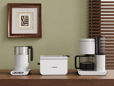 White Kitchen Appliances Electric Kettle Toaster Coffee Maker On Wooden Countertop With Green Wall 3d model