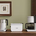 White Kitchen Appliances Electric Kettle Toaster Coffee Maker On Wooden Countertop With Green Wall