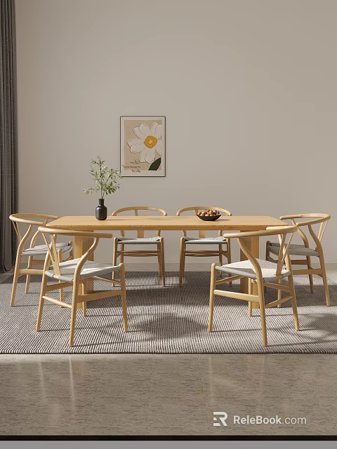 Minimalist Modern Wooden Dining Table Set With Six Chairs Green Plant And Fruit Bowl 3d model 