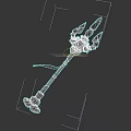 Ornate Mythical Weapon with Golden Trident Head Blue Ribbon and Carved Shaft