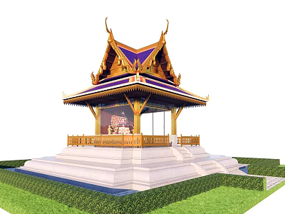Traditional Thai Style Pavilion With Golden Decorations Purple Roof And White Base On Green Lawn 3d model