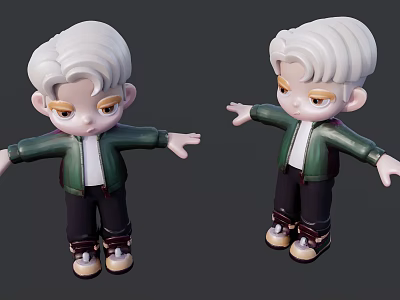 Two White Haired Male Figures wearing green jacket black pants with arms outstretched 3d model