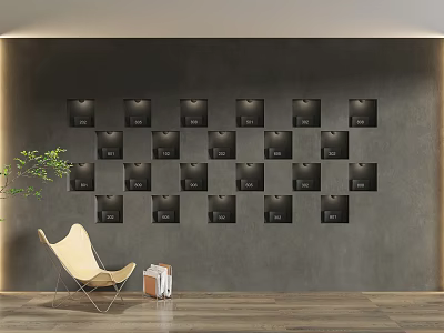 Modern Minimalist Gray Feature Wall With Black Square Frames Beige Chair And Green Plant 3d model
