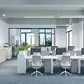 Modern Public Office Space with Large Windows Office Desks Computers Green Plants and Ergonomic Chairs