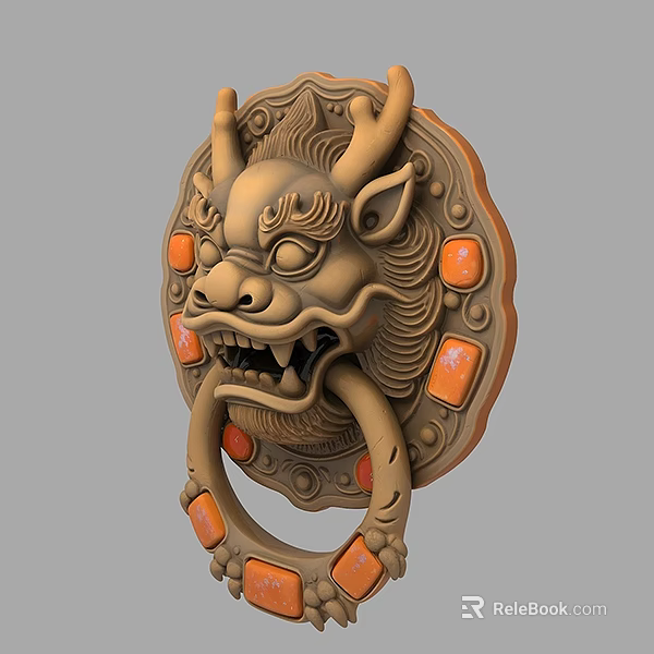 Traditional Brass Door Knocker With Dragon Shaped Carving And Orange Decorations 3d model 