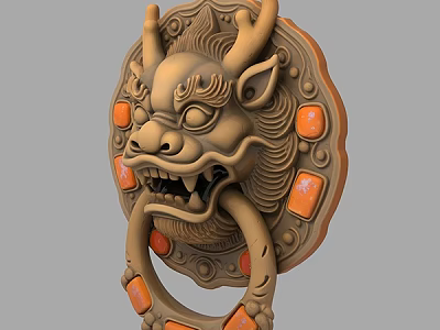 Traditional Brass Door Knocker With Dragon Shaped Carving And Orange Decorations 3d model
