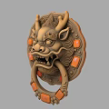 Traditional Brass Door Knocker With Dragon Shaped Carving And Orange Decorations